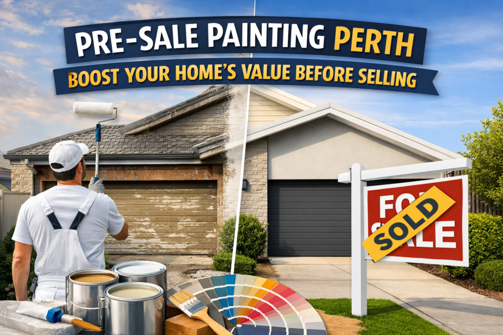Professional painter repainting a Perth home exterior before sale, showing a before-and-after transformation with a sold sign — BM Painting Perth pre-sale painting service